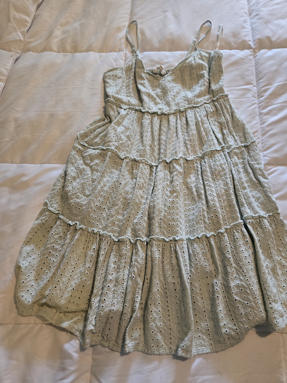 Tiered Eyelet Mini Dress in Light Sage Green